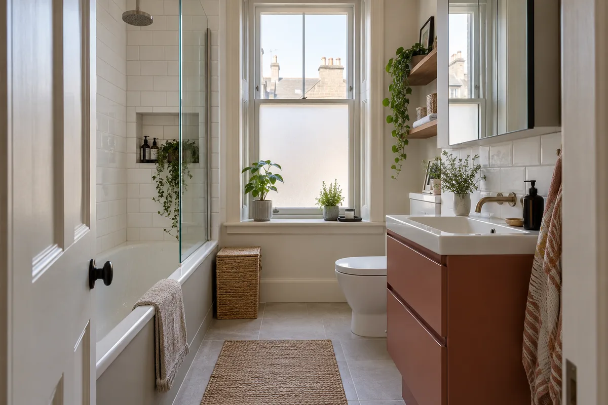 Compact tenement bathroom with a fitted bath, terracotta vanity opposite door, white tile splashback and slim mirror cabinet, timber sash window