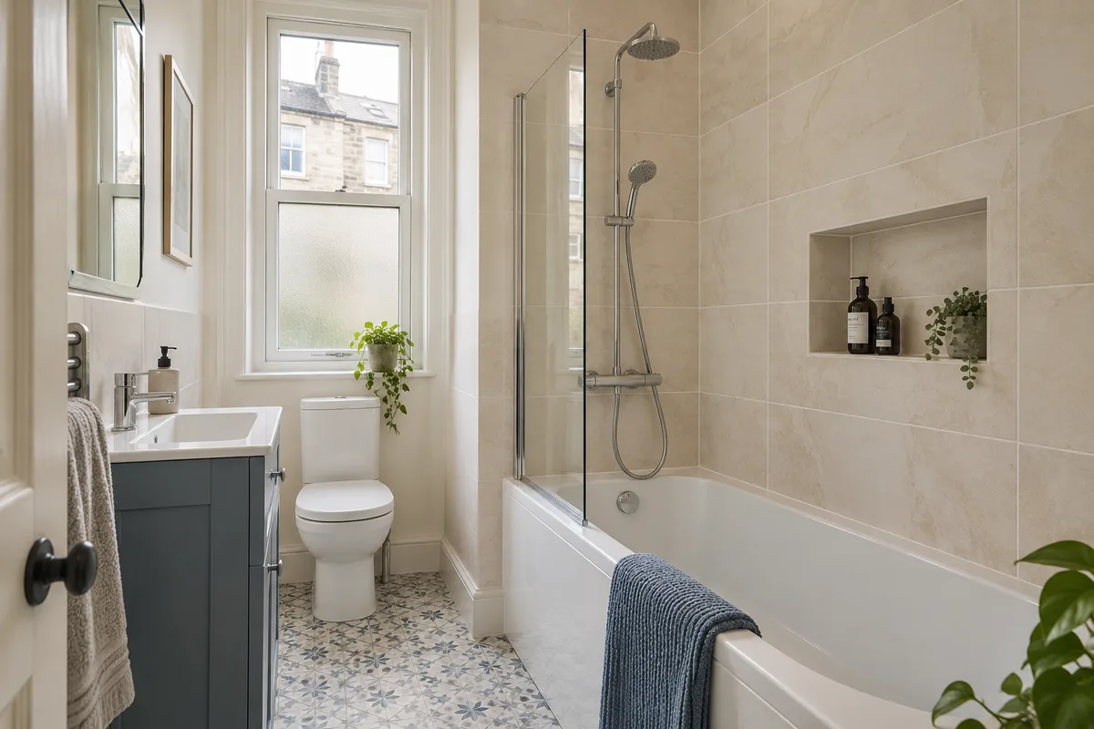 Shower over a fitted bath with a recessed shelf and blue-grey vanity