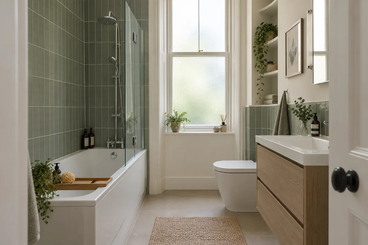 Sage-tiled tenement bathroom with a fitted bath, clear screen and oak vanity