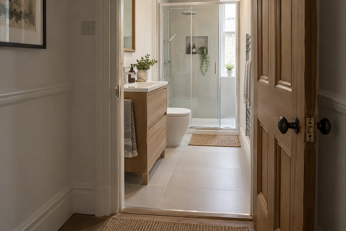 View through an original timber doorway into a compact shower room