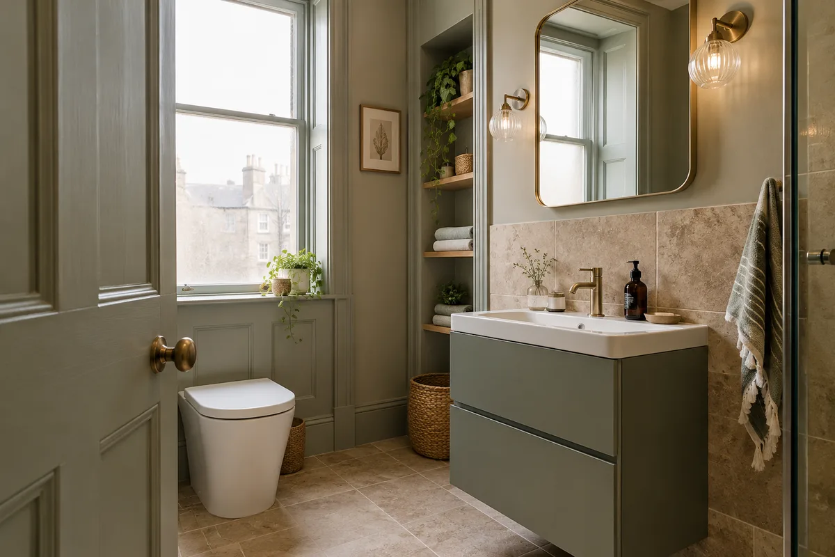 Painted panelled door and timber window surround beside a modern green vanity