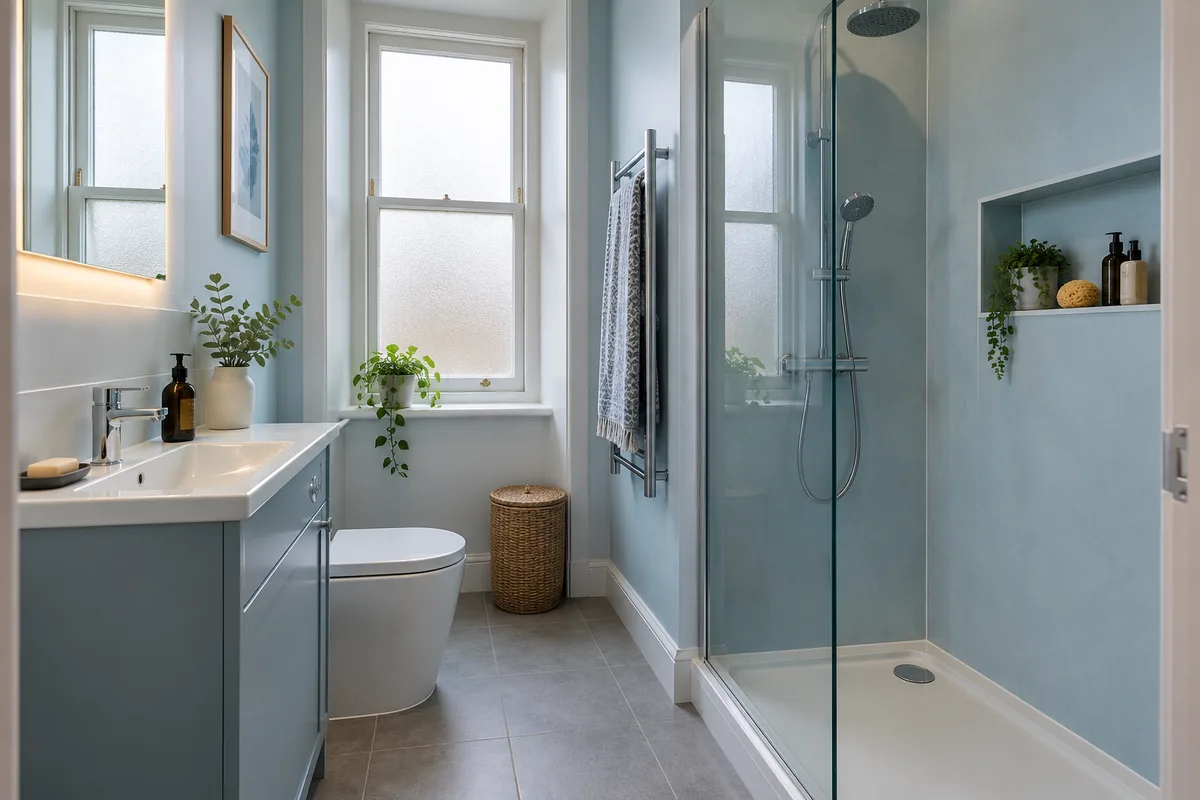 Pale blue shower room with boxed services and a recessed shower shelf
