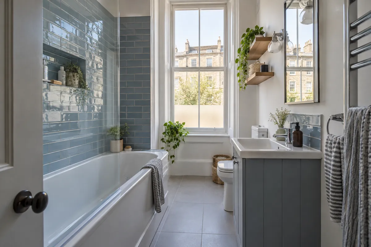 Narrow bathroom with a fitted bath, blue vanity and tall sash window