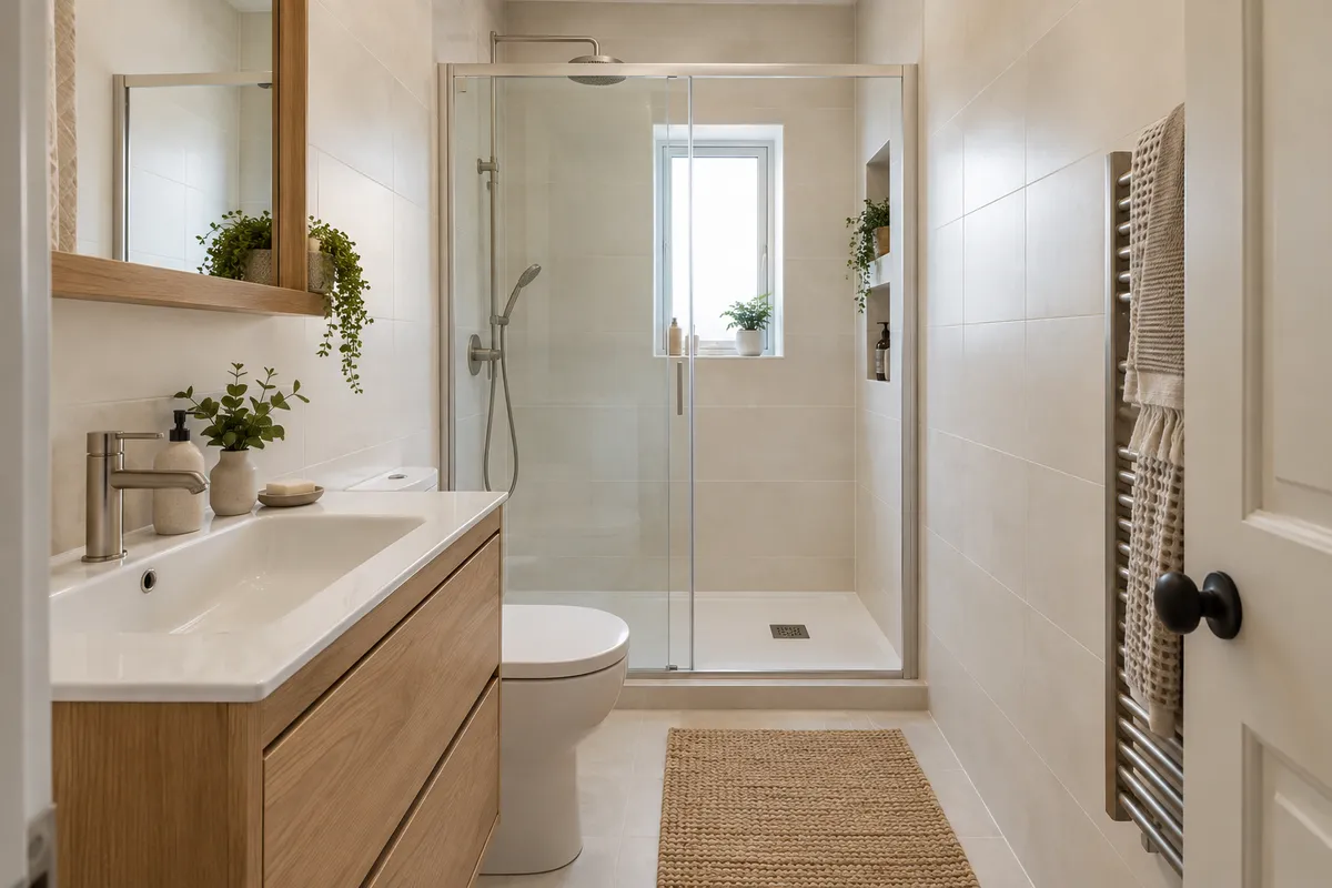 Shower across the end of a narrow room with an oak vanity