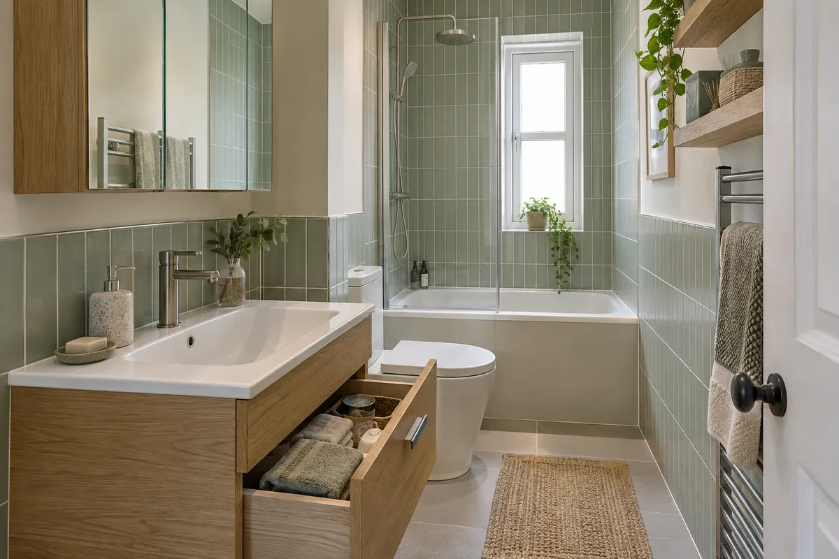 Open vanity drawers and mirror cabinet in a narrow green-tiled bathroom