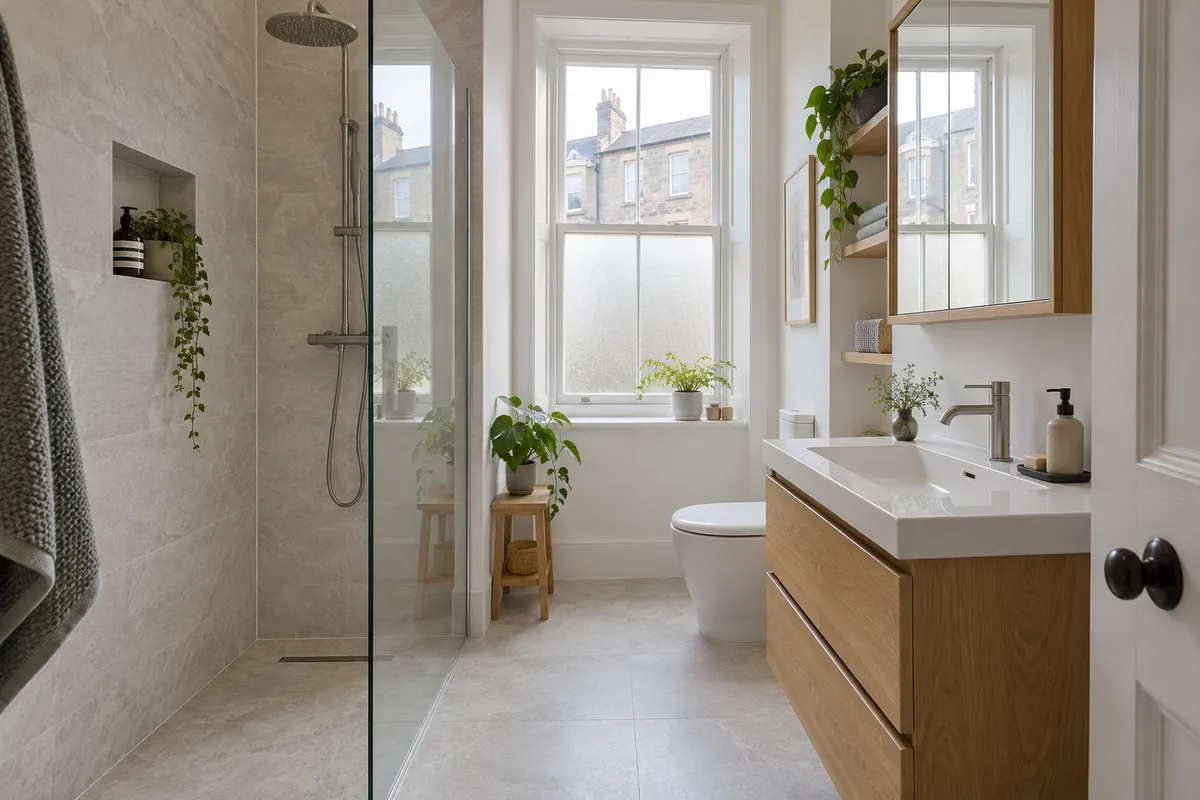 Compact wet room with a glass screen, tiled floor and oak vanity