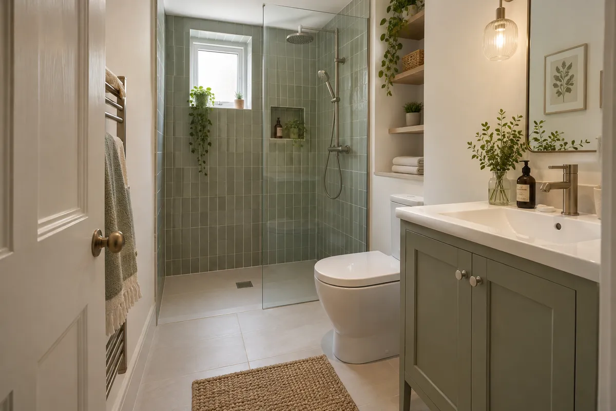Green-tiled shower behind a screen beside a sage vanity