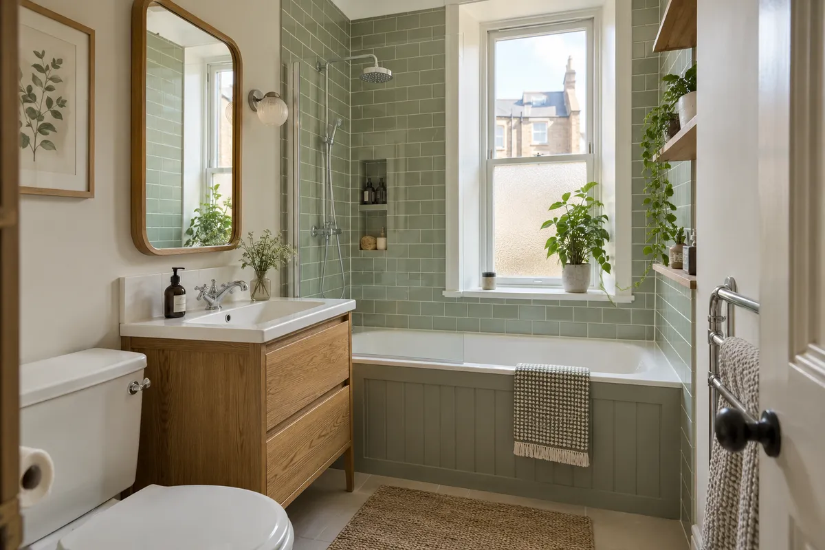 Compact bathroom with a fitted bath, oak vanity and green wall tiles