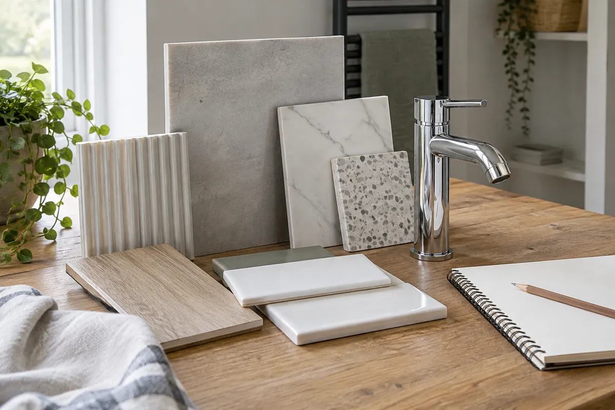 Tile and wall-panel samples beside a chrome tap and notebook