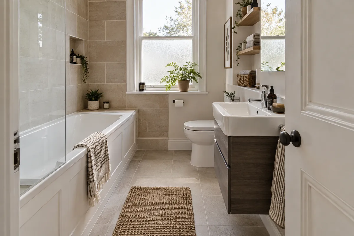 Fitted bath, tiled floor and neat doorway in a compact bathroom