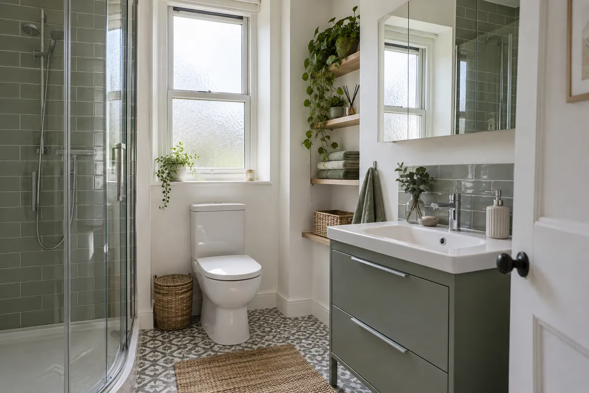Sage drawer vanity and mirrored storage in a compact bathroom