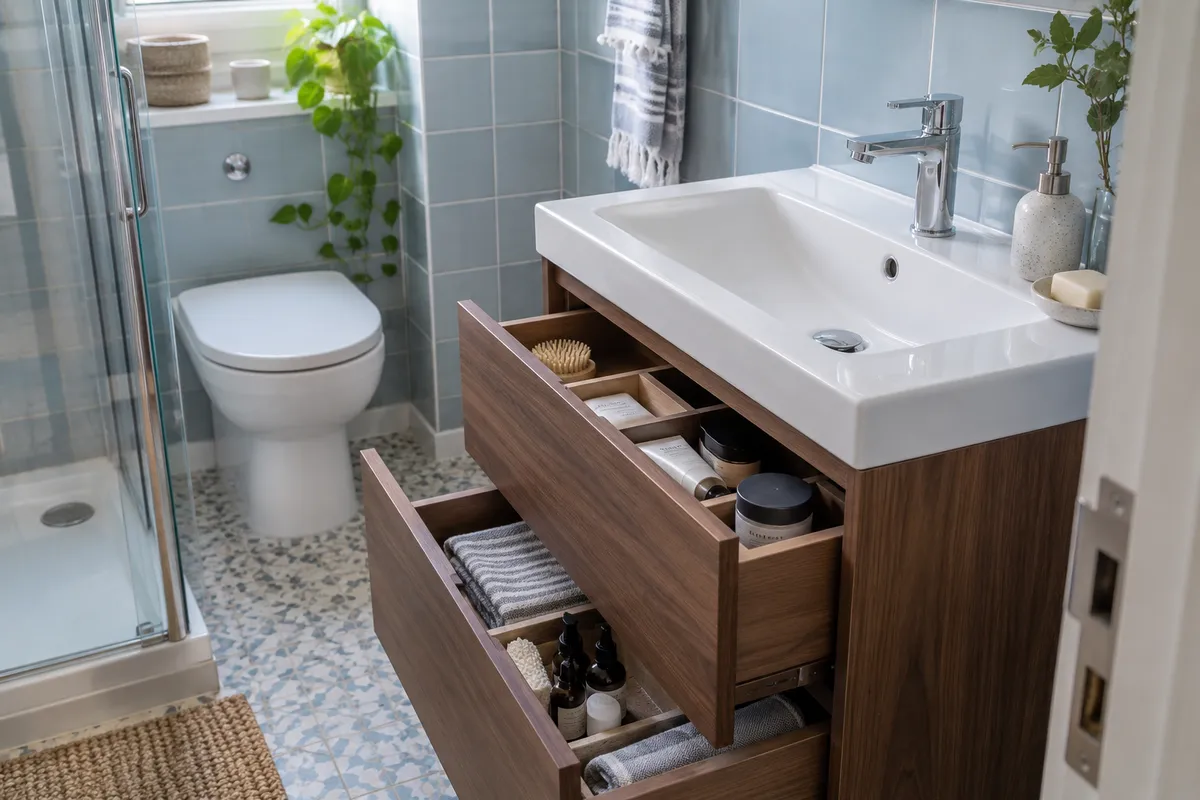 Open walnut vanity drawers with organised toiletries