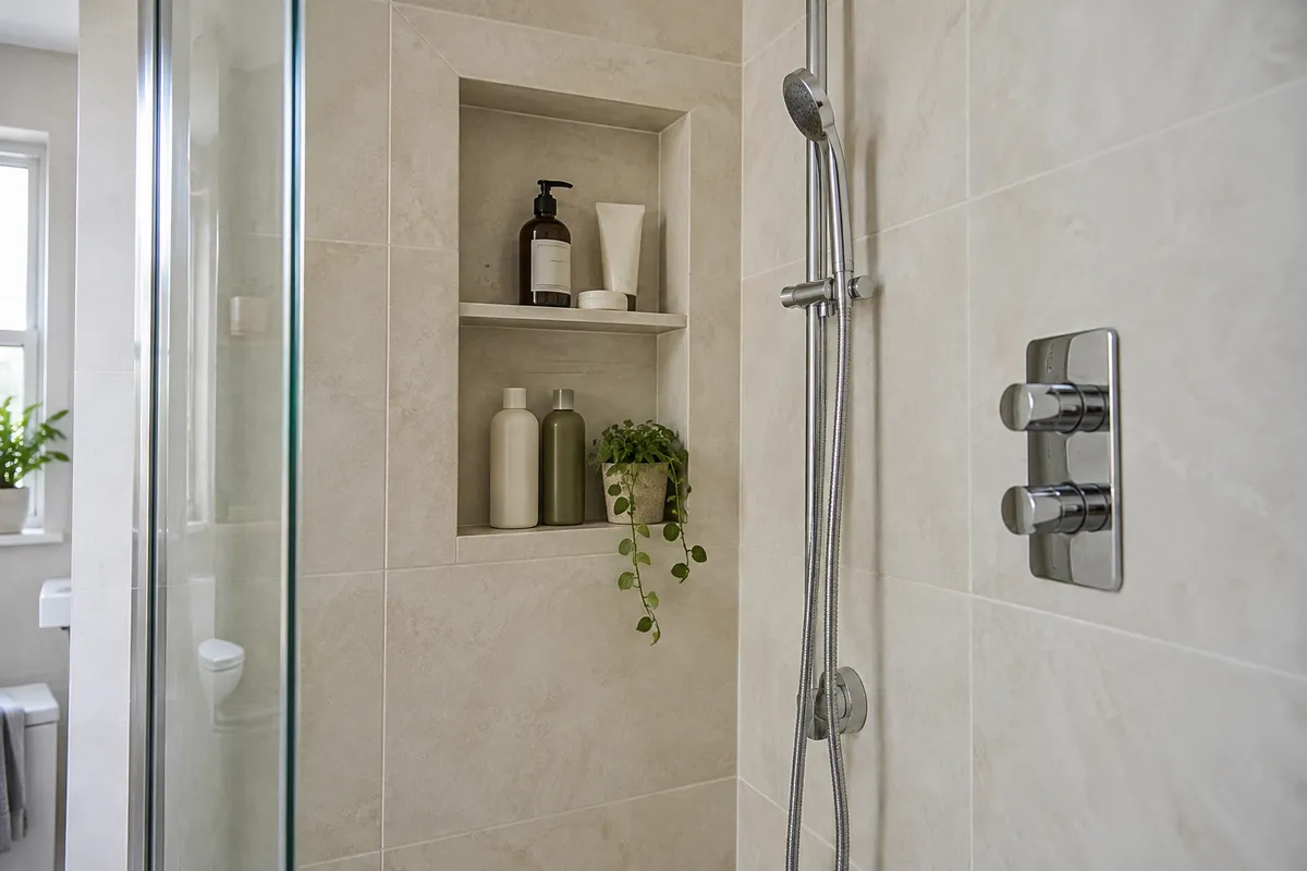 Two-level recessed shelf beside chrome shower controls
