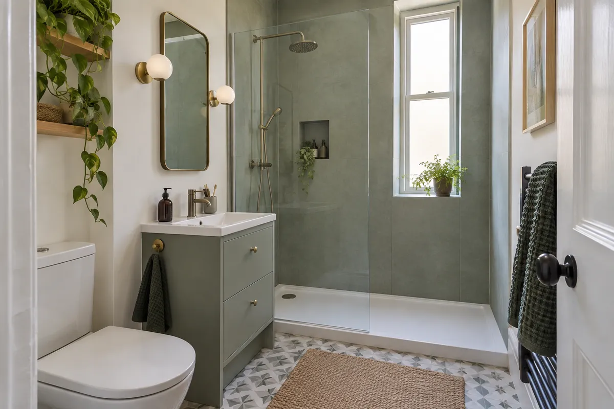 Rectangular shower tray with a glass screen and sage wall panels