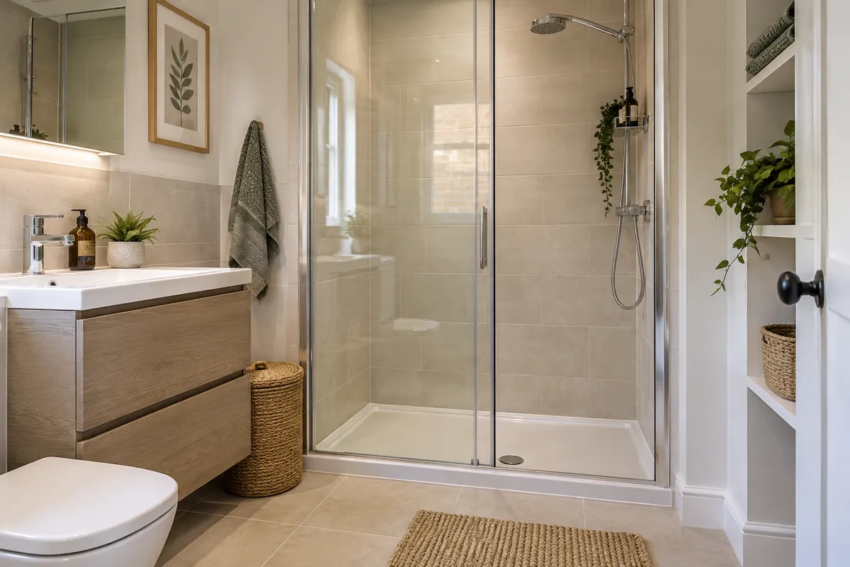 Low shower tray with sliding glass doors beside an oak vanity