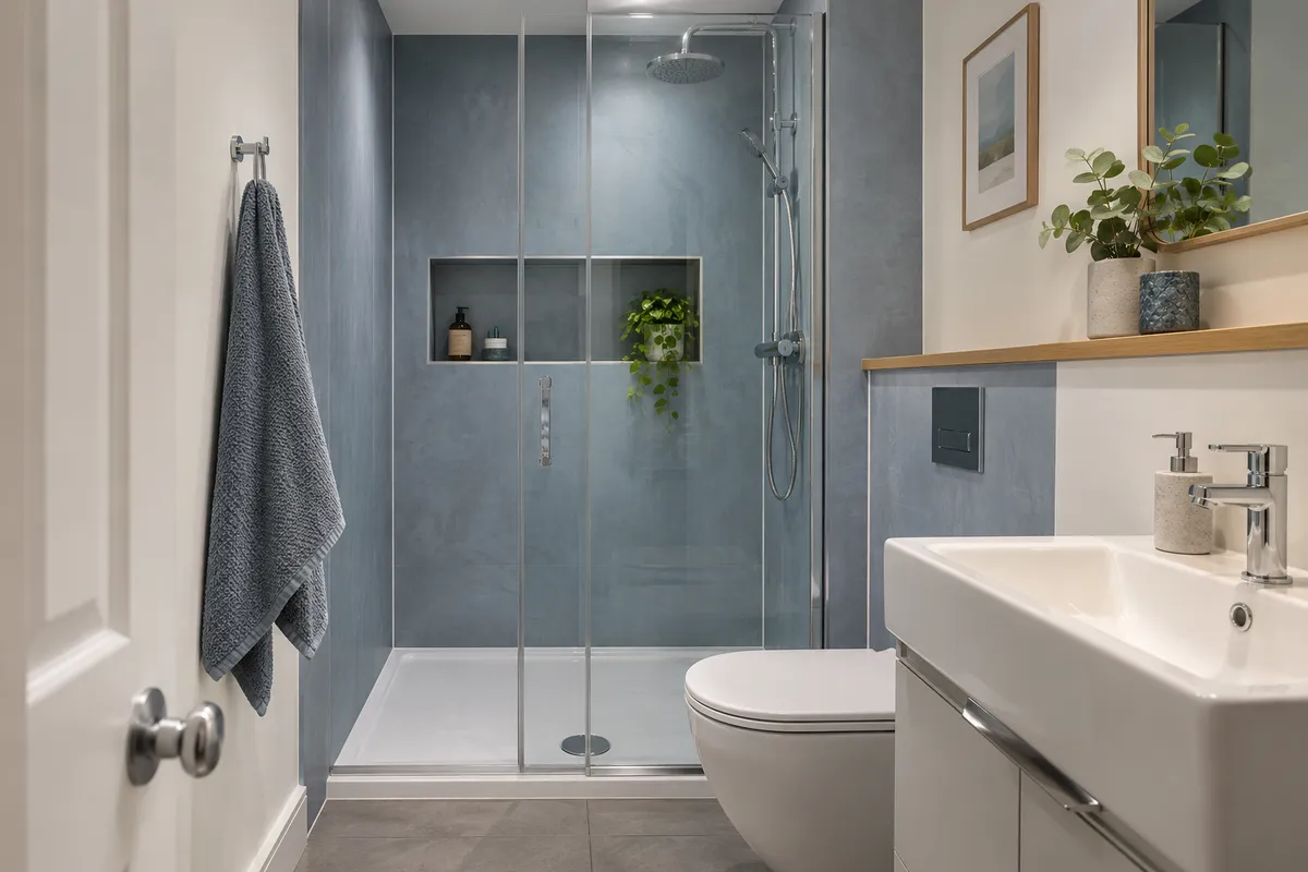 Blue-grey shower enclosure with controls, shelf and towel rail