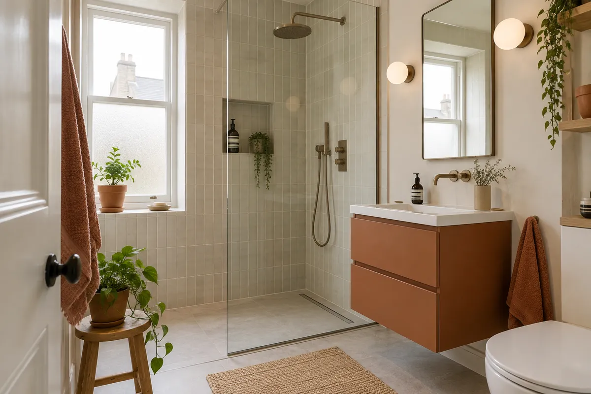 Compact tiled wet room with a glass screen and terracotta vanity