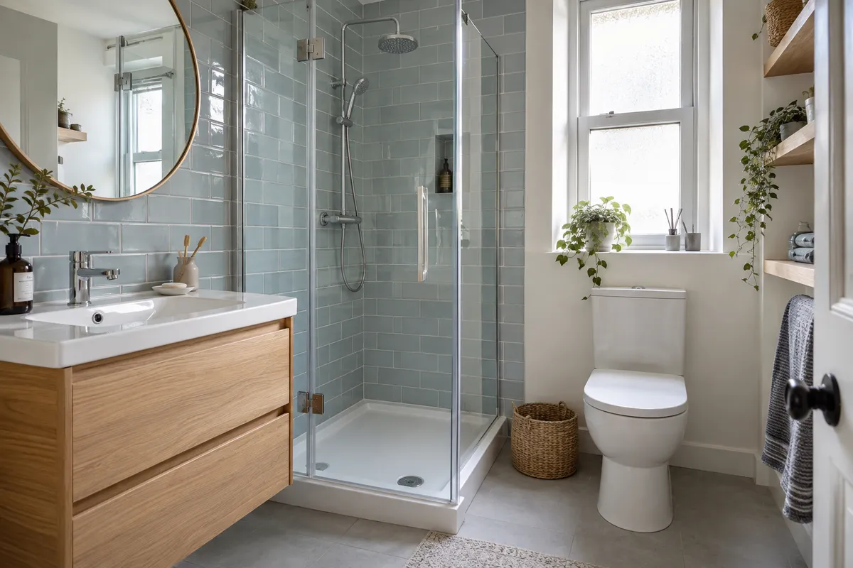 Low white shower tray and glass enclosure beside an oak vanity
