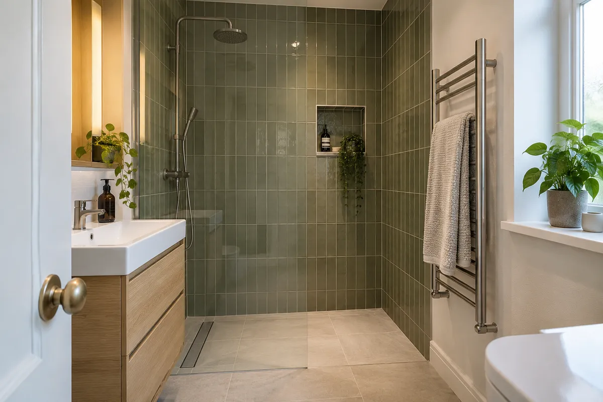Green-tiled shower with a floor drain, glass screen and towel rail