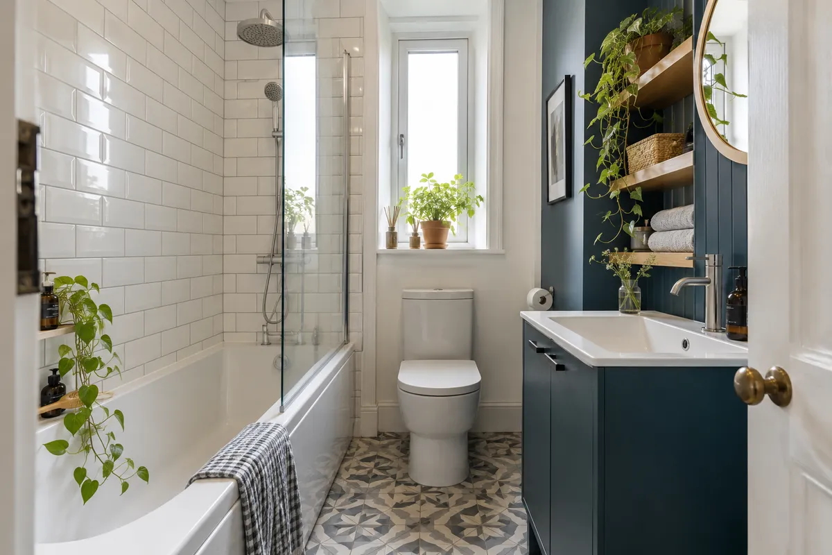 Fitted bath with a shower screen and dark teal vanity