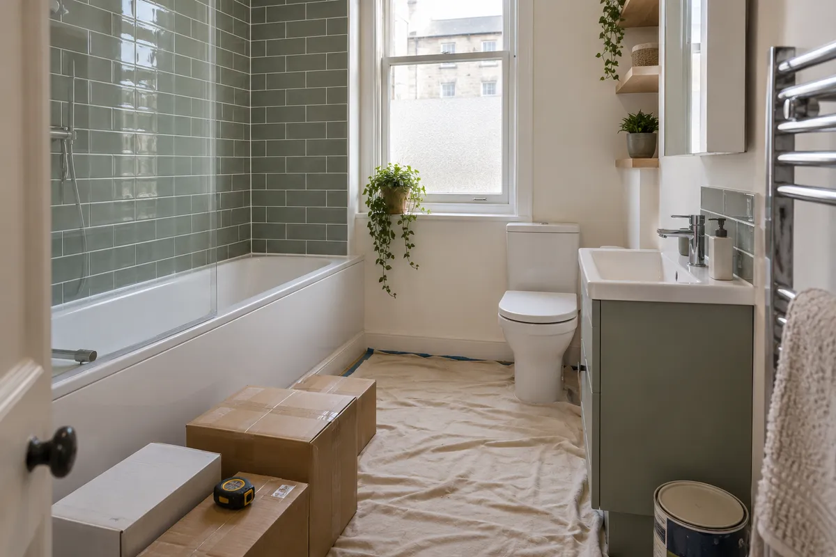 Covered bathroom floor with product boxes and a measuring tape