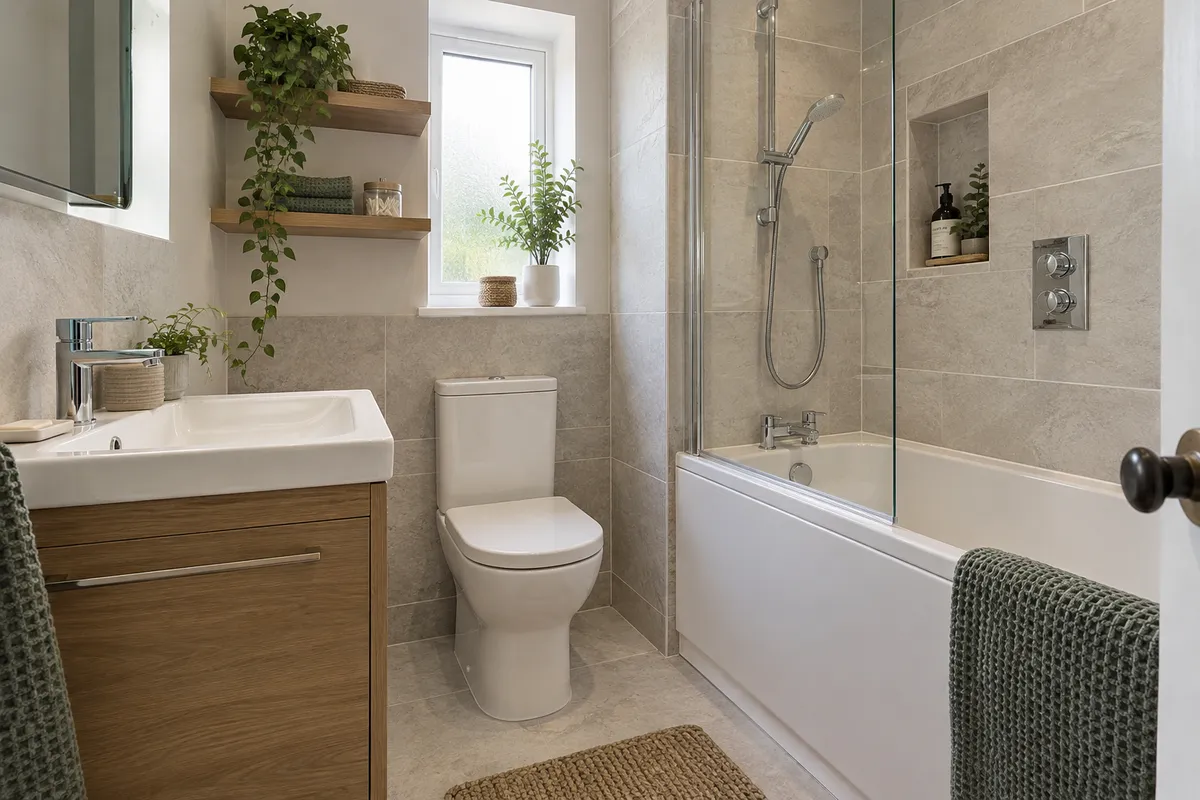 Fitted bath panel, tiled junctions and accessible vanity in a compact room