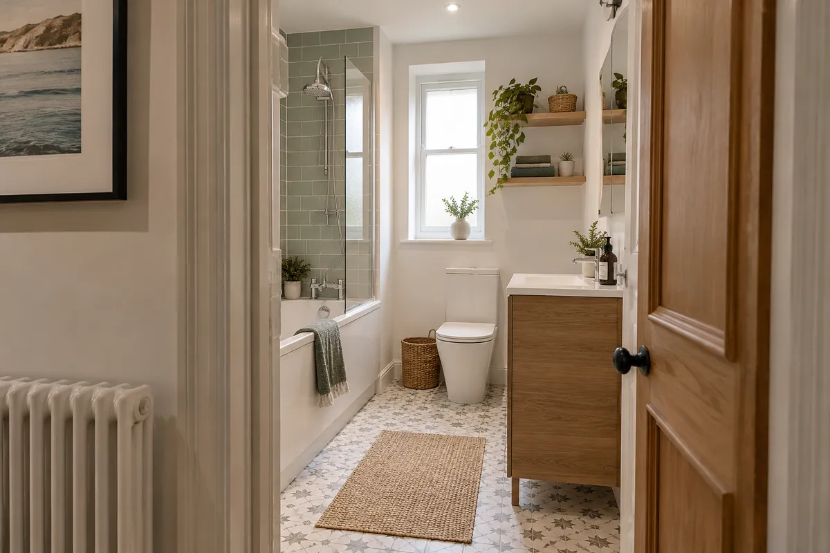 Clear hallway view into a compact shower room