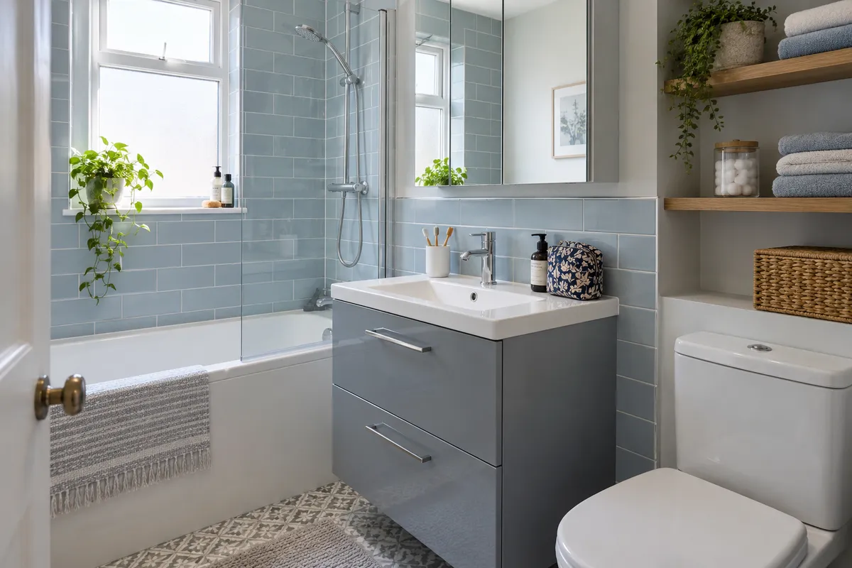 Bathroom vanity with toiletries, mirror storage and folded towels