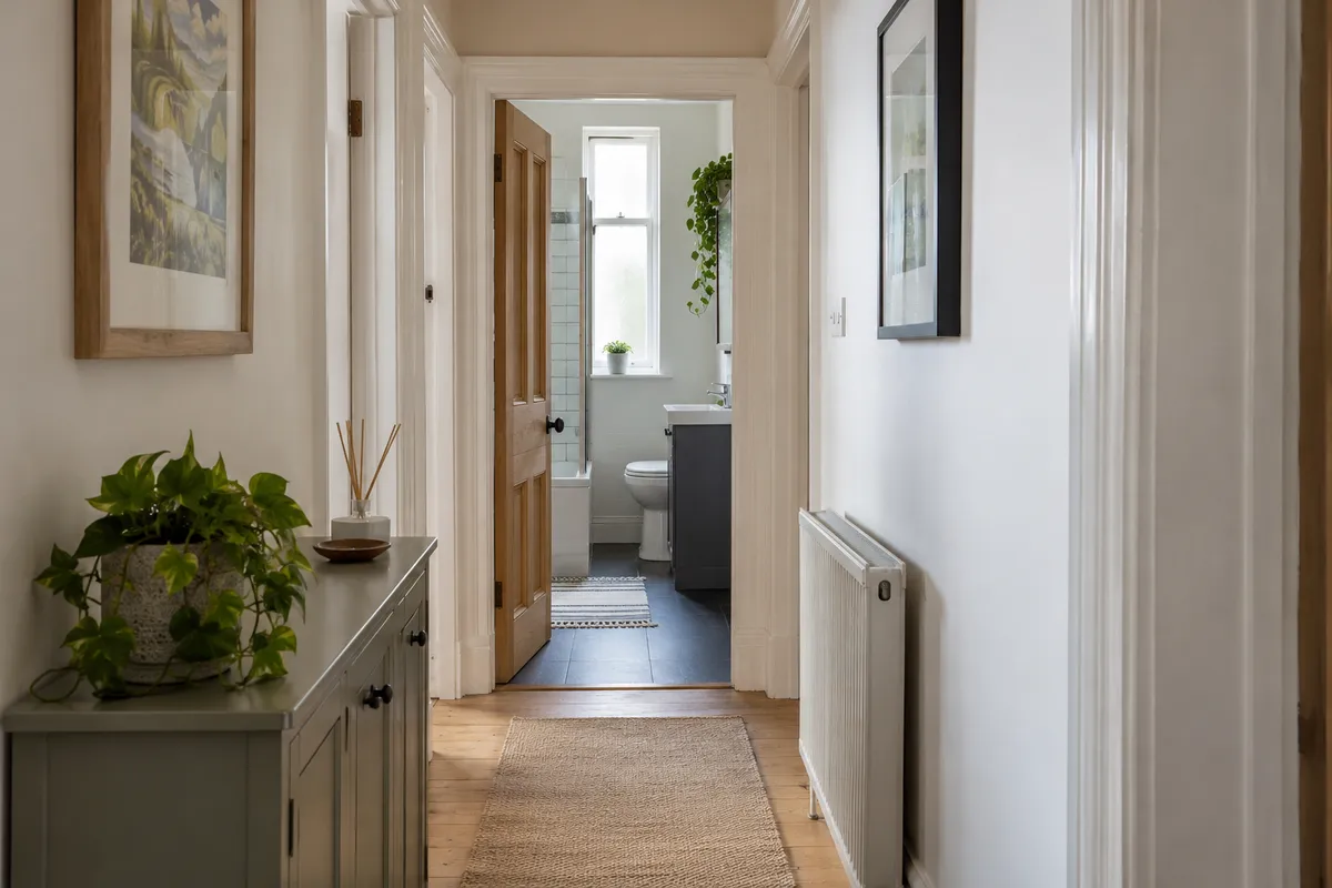 Clear hallway leading to a bathroom doorway
