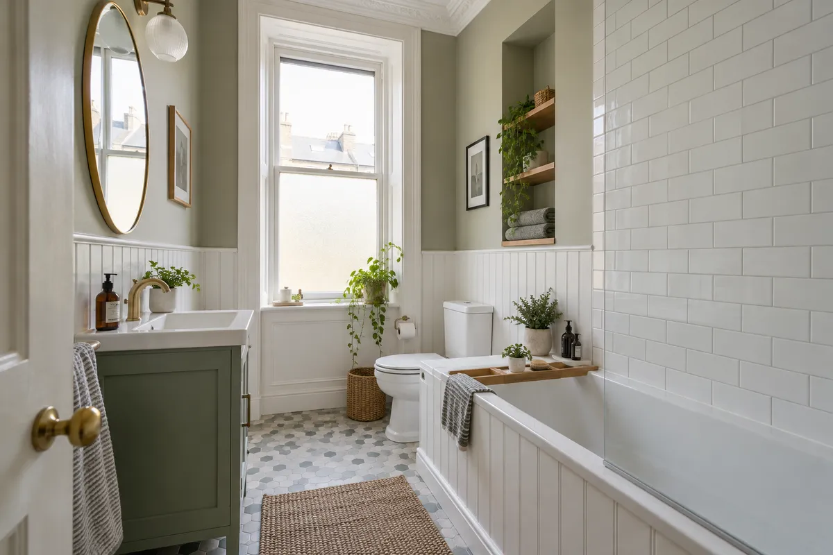 Fitted bath below a sash window in a bathroom with simple cornicing