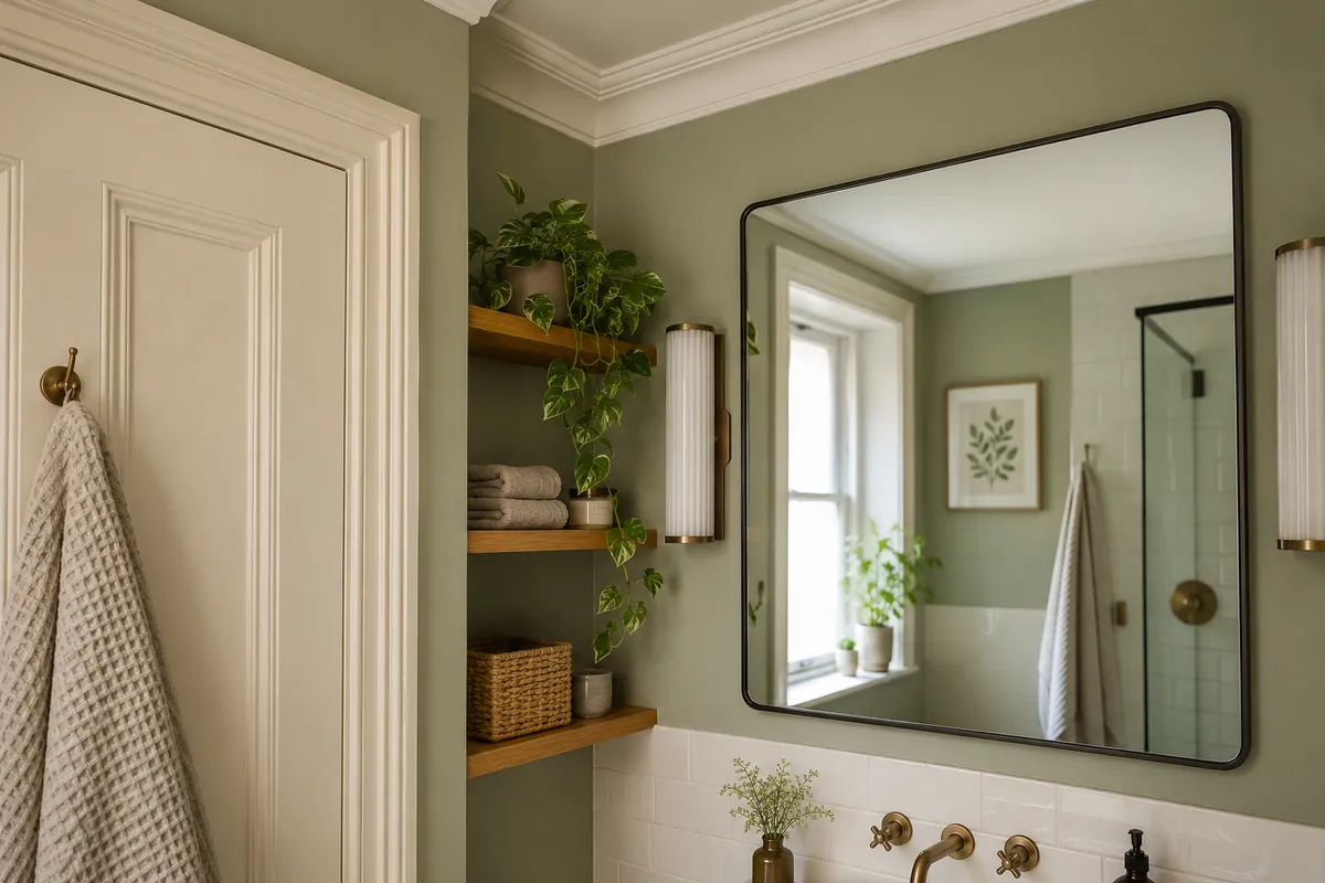 Painted panelled door, architrave and cornice beside a bathroom mirror