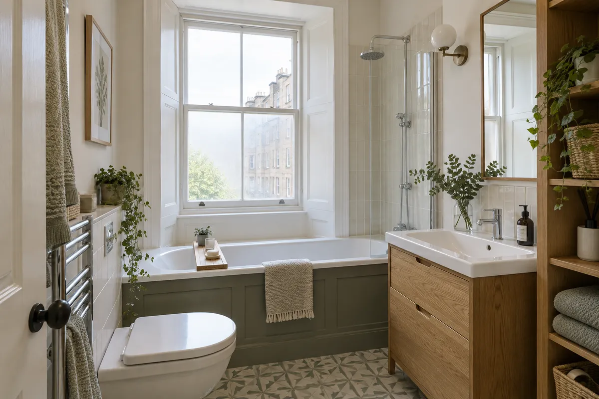 Deep sash window reveal above a fitted bath beside oak storage