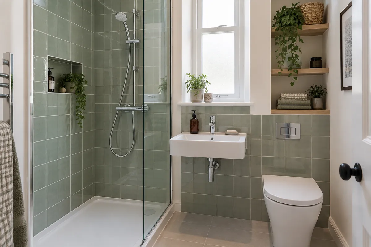 Exposed chrome mixer shower and adjustable handset in a green-tiled room