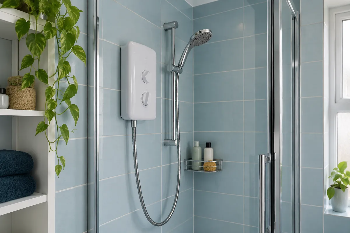 White electric shower with an adjustable chrome handset