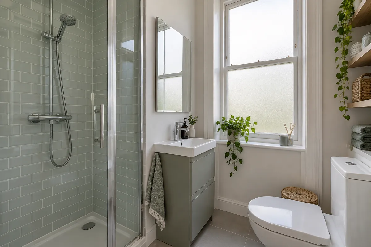 Chrome shower controls and handset beside a compact basin