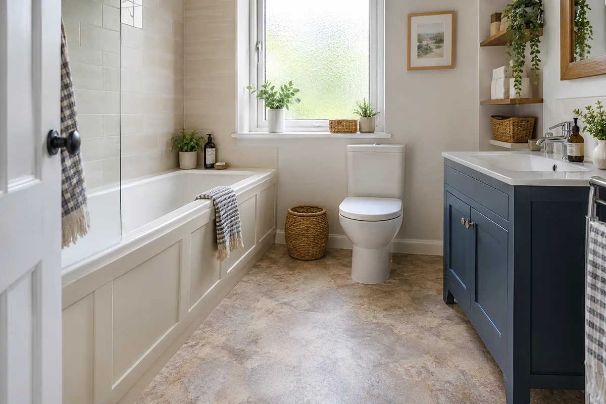 Stone-effect bathroom floor beside a fitted bath and blue vanity