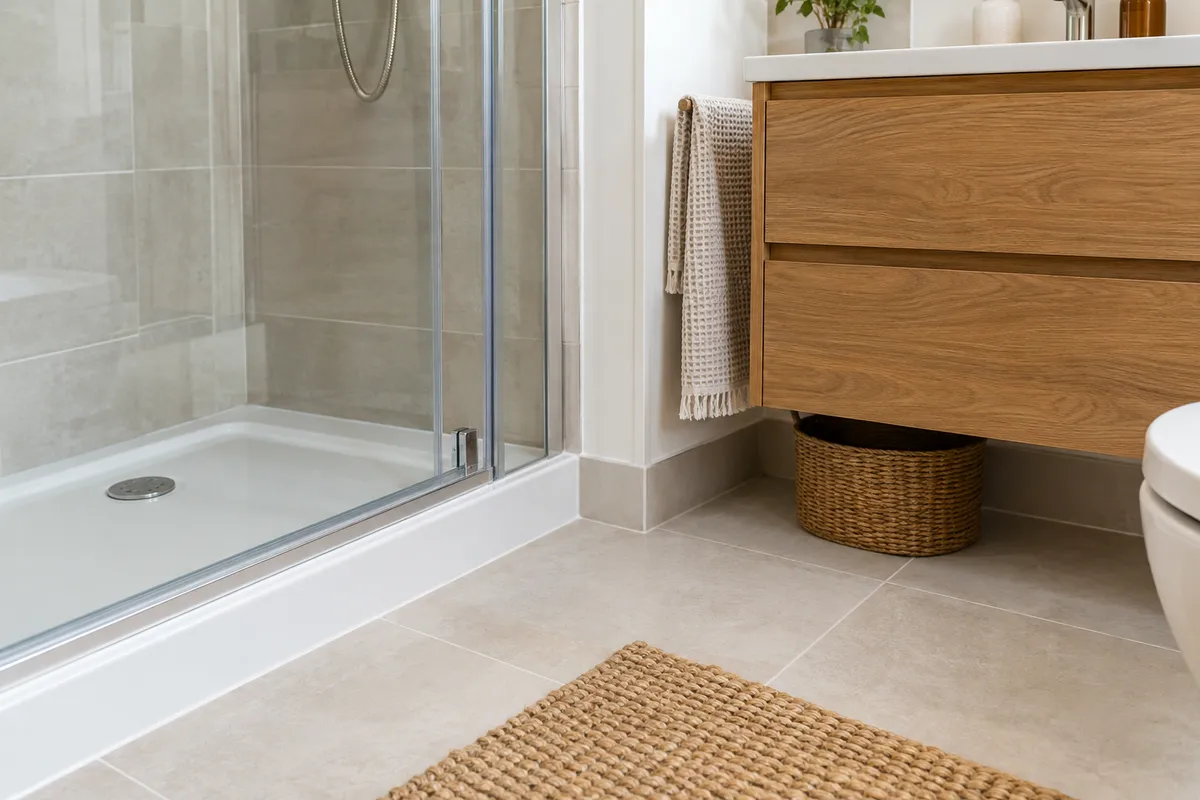 Neutral tiled floor meeting a shower tray and oak vanity