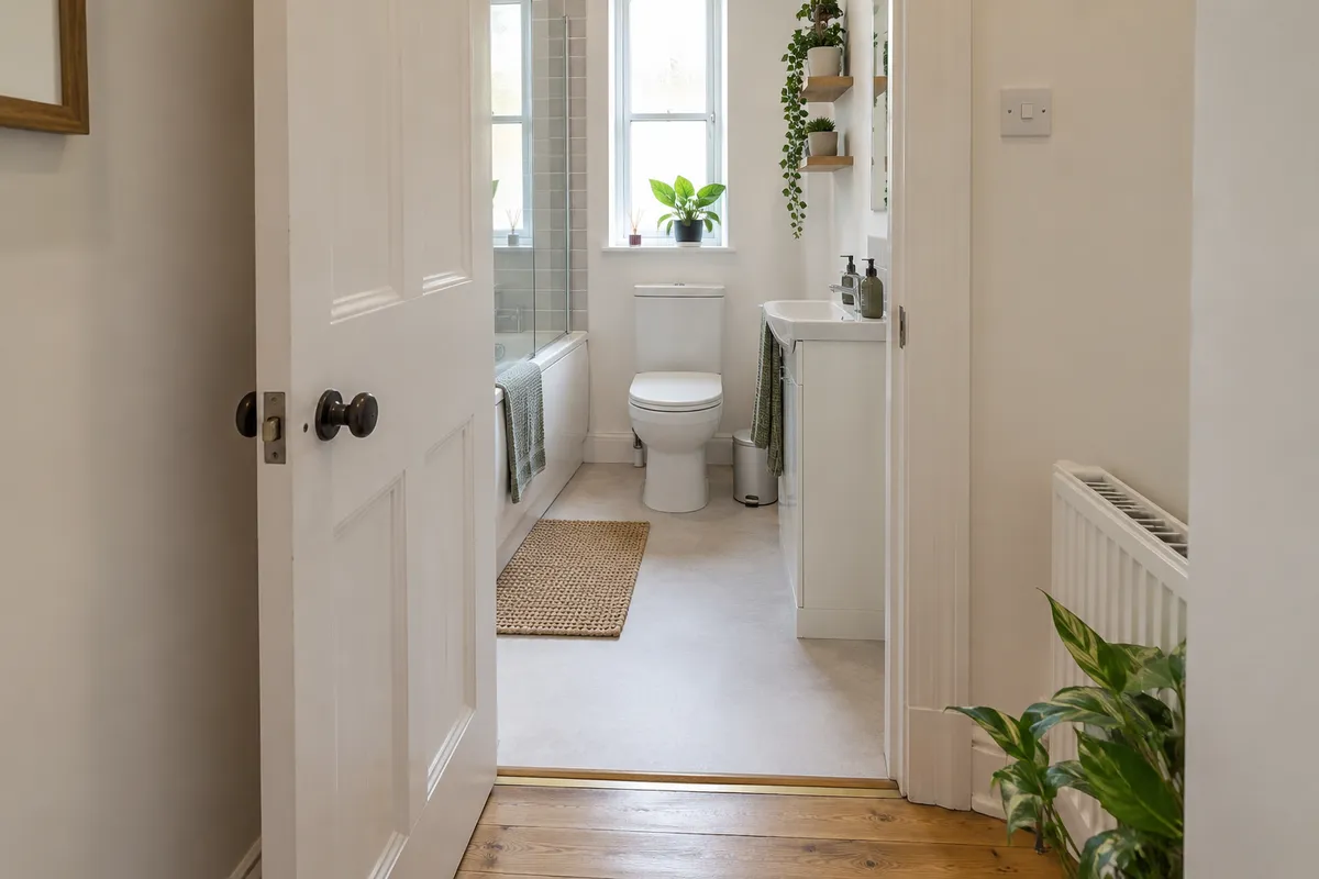 Bathroom floor transition at a white door beside a timber hallway