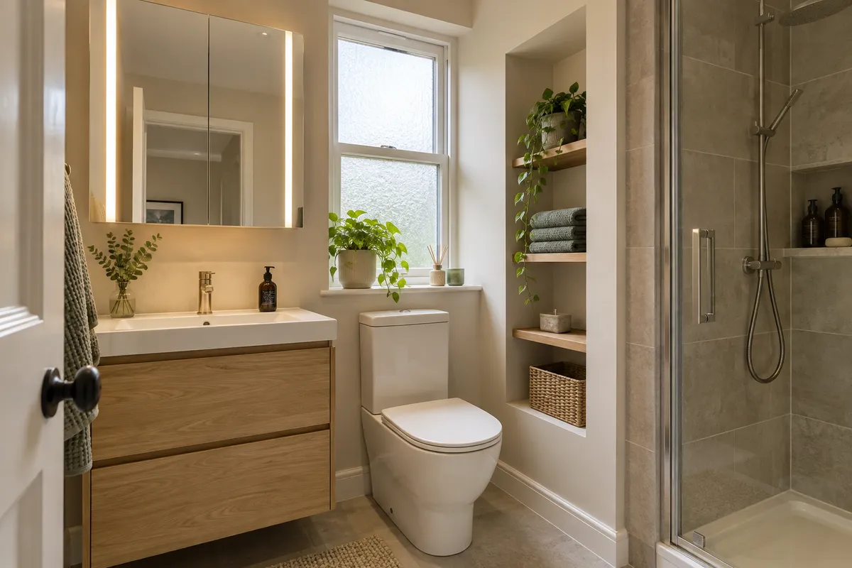 Illuminated mirror cabinet above an oak vanity in a compact bathroom