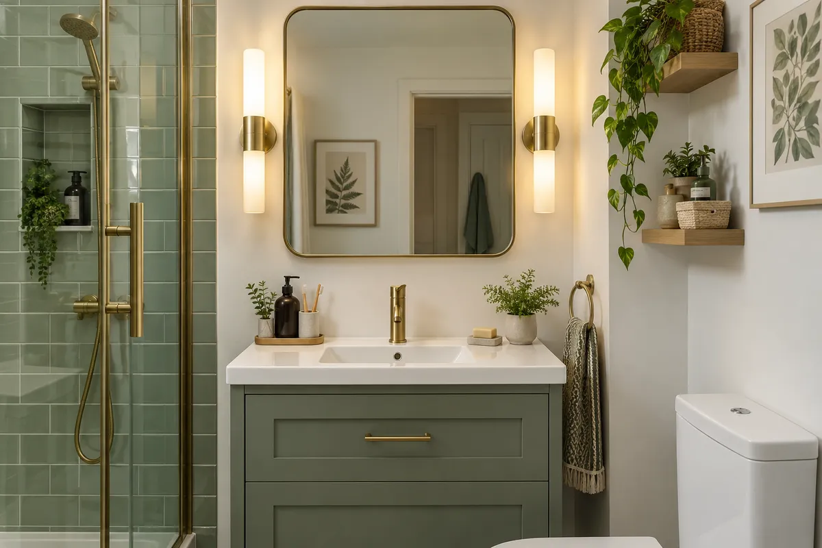 Wall lights beside a mirror over a sage vanity