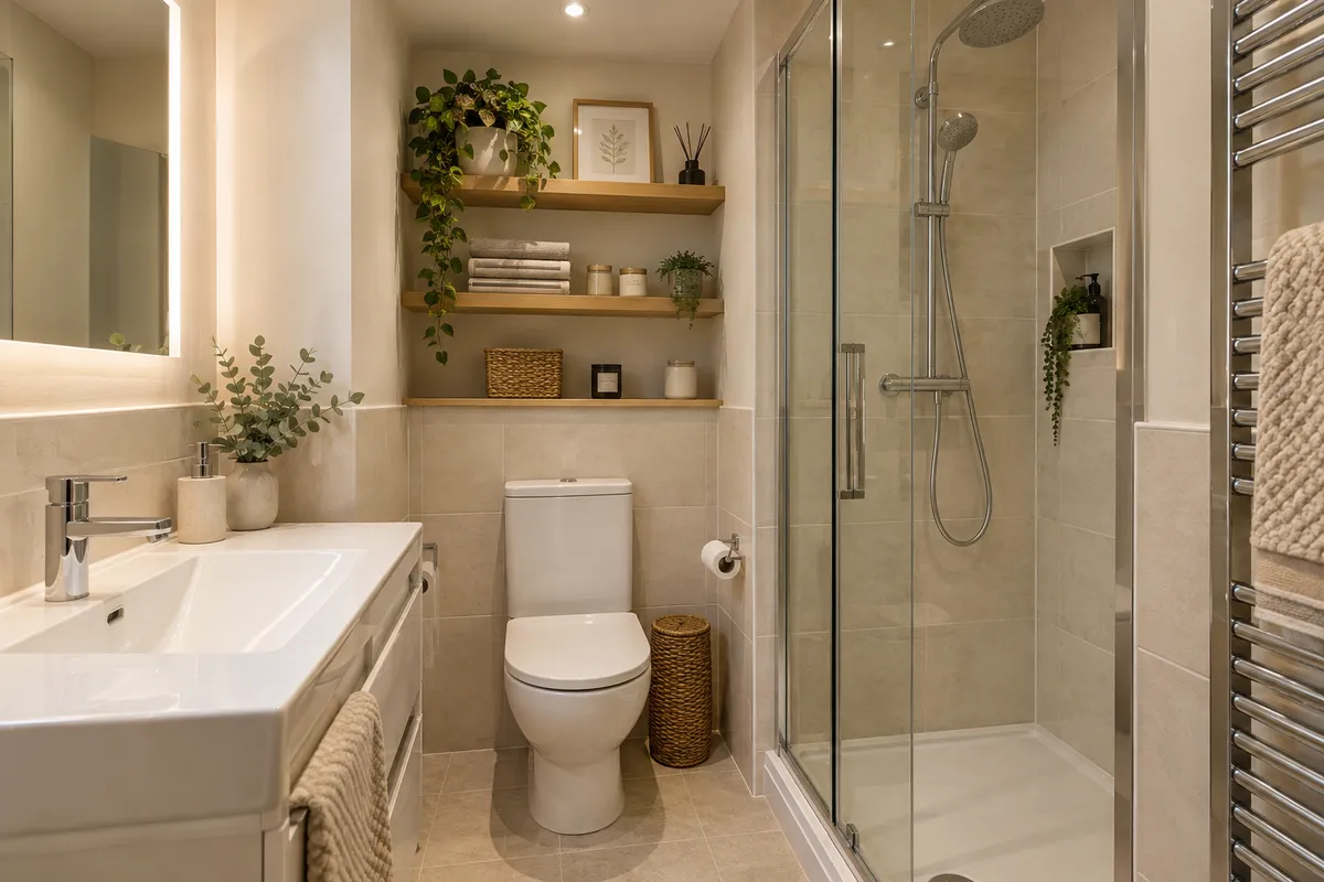 Windowless bathroom with ceiling lights, illuminated mirror and storage