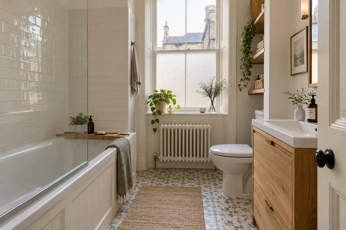 Compact radiator below a tall sash window beside a fitted bath