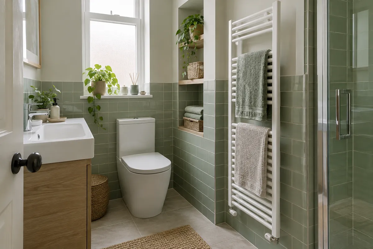 White towel radiator with hanging towels beside a shower enclosure