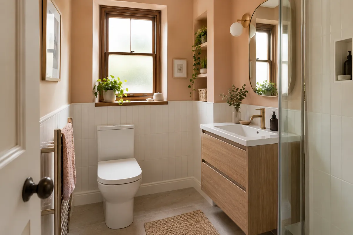Small towel rail and vanity beside a timber bathroom window