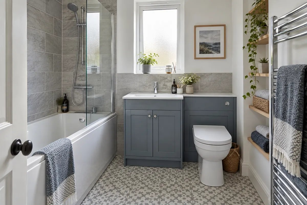 Fitted bath with shower screen, blue-grey vanity and towel shelves
