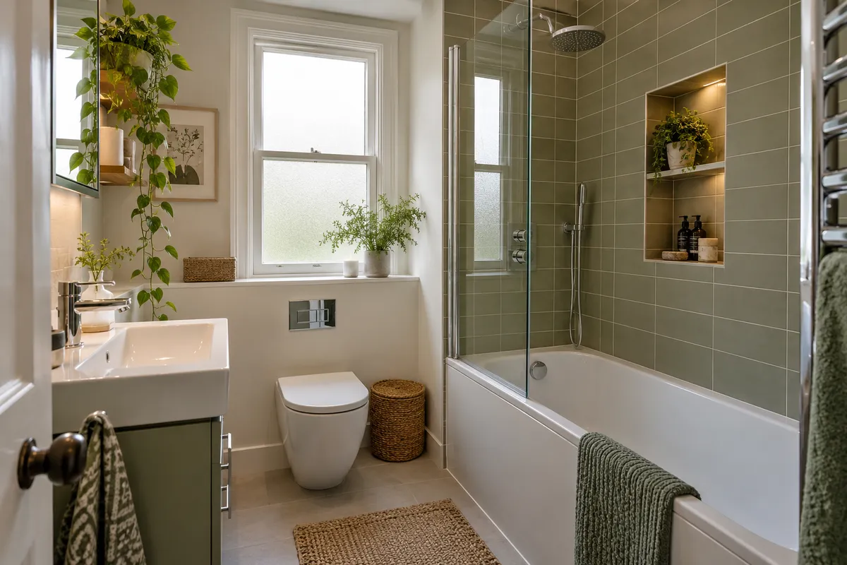 Shower over a fitted bath with a recessed niche and clear screen