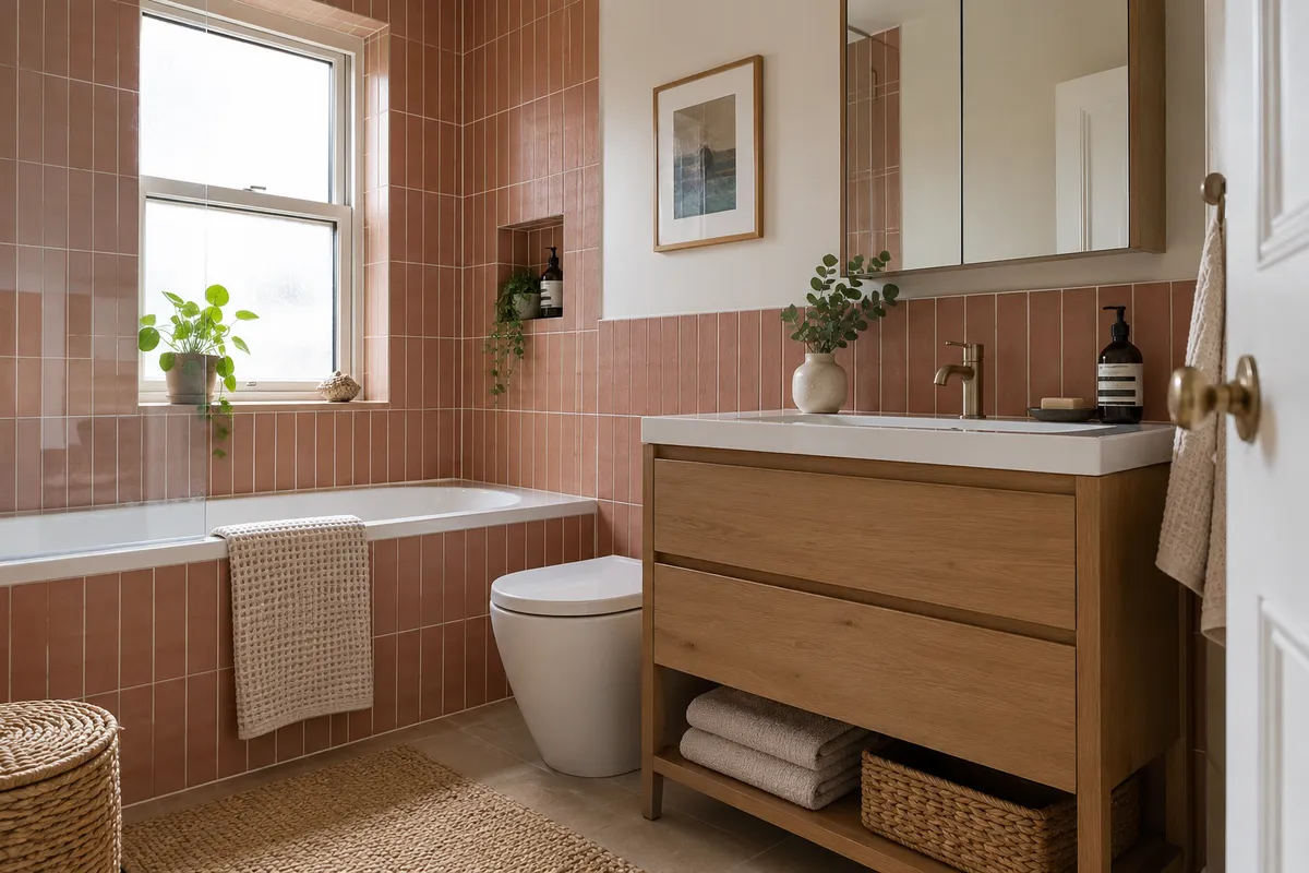 Vanity with drawers and towel shelf beside a fitted bath