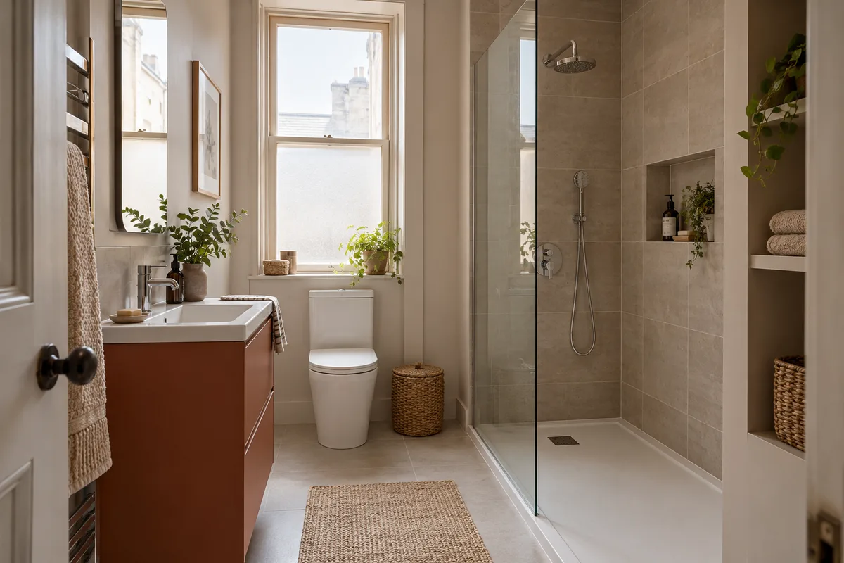 Compact tenement bathroom with light taupe tiled shower, recessed shampoo niche, muted rust vanity, chrome fittings, simple tall timber window