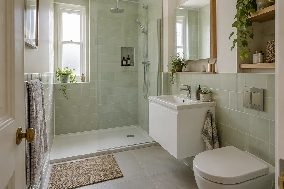 Compact tenement bathroom with pale mint tiles, white wall-hung compact vanity, low-profile shower tray and recessed niche, compact period room