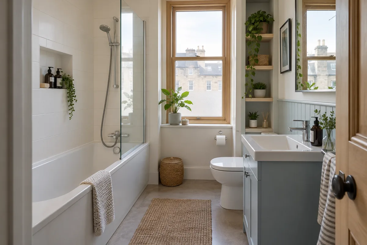 Compact tenement bathroom with warm white shower-over-bath, pale blue compact vanity, tall shelving alcove, timber window and compact floor plan